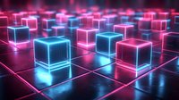 Glowing neon cubes on grid surface with pink and blue light effects creating futuristic technological landscape against dark background. For digital art and tech concepts.