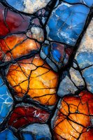 Abstract pattern of cracked stone surface with vibrant orange, red and blue colors creating dramatic contrast through natural texture and weathering.
