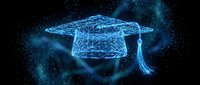Glowing wireframe graduation cap with tassel on dark starry background, representing digital learning, online education, and academic achievement in technology.