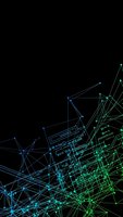 Abstract digital network visualization with glowing blue and green connected lines and nodes on black background for technology presentations.
