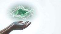 Hands cupped presenting flowing green energy waves above palms symbolizing healing power, wellness therapy, and spiritual connection for holistic health concepts.