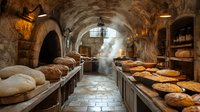 Traditional bakery cellar with stone walls and arched ceiling, fresh bread loaves on wooden shelves, steam rising in atmospheric lighting, rustic European ambiance.