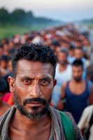 South Asian man with intense gaze and beard stands among crowd of migrants, wearing casual clothing against blurred background of people walking in large group.