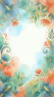 Ornamental floral frame with decorative botanical elements in coral, teal, and gold tones featuring watercolor splashes and swirls on white background, suitable for invitations and greeting cards.