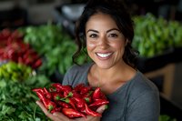 Hispanic woman with bright smile holding fresh red chili peppers in produce market. Natural lighting highlights organic vegetables and fresh produce in background.