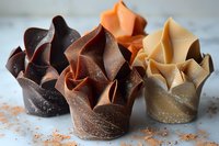 Artisanal chocolate cups shaped like blooming flowers in dark, milk, and white chocolate varieties, decorated with cocoa powder on marble surface. Perfect for dessert plating.