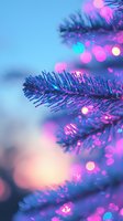 Dreamy close-up of illuminated Christmas tree branches with pink and blue bokeh lights creating magical holiday atmosphere. Soft focus pine needles in neon colors.