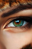 Close-up of green eye with golden shimmer eyeshadow and defined brow, showing intricate iris detail and professional makeup application on light skin tone.