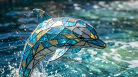 Stained glass mosaic dolphin jumping from sparkling ocean water with colorful blue and gold geometric patterns creating artistic marine wildlife design.