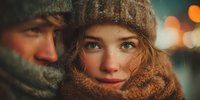 Young Caucasian woman in knit hat and scarf with warm bokeh lights creating cozy winter atmosphere for seasonal marketing and lifestyle content.