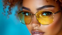 Young African American woman wearing trendy yellow-tinted sunglasses against vibrant blue background, showcasing natural curly hair and flawless makeup in contemporary fashion portrait.