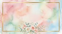 Watercolor floral arrangement with soft pink roses and greenery on pastel background with gold frame border, suitable for wedding invitations and greeting cards.