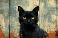 Black cat with bright yellow eyes against weathered rustic wall background, artistic portrait in dark moody style with textured vintage effect and orange accents.