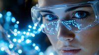 Young female scientist in protective eyewear examining glowing DNA structure in dark laboratory with blue illumination. Modern biotechnology research concept.