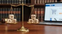 Golden scales of justice balancing traditional shopping with e-commerce on lawyer desk with law books and laptop displaying online store interface.