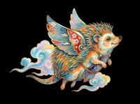 Whimsical hedgehog character with ornate fairy wings and decorative clouds, isolated on transparent background. Ready for t-shirt design, stickers, clipart, sublimation, and print-on-demand projects.