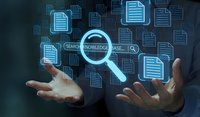 Digital knowledge management concept with businessman hands presenting search functionality and floating document icons for data organization solutions.