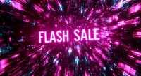 Flash sale neon text with explosive pink and purple light rays bursting outward creating dynamic promotional marketing background for retail campaigns.