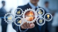 Professional businessman touching consulting gear interface with business strategy icons including analytics charts and lightbulb for corporate solutions.