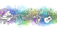 Musical instruments and notes doodle banner with watercolor splash background for creative projects and music education materials.
