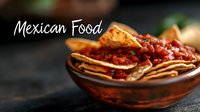 Crispy tortilla chips served with fresh tomato salsa in a rustic bowl, Mexican food concept with text overlay on dark background.