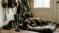 Chocolate Labrador retriever sleeping on plaid dog bed in rustic mudroom with boots, coats, and gear hanging on wall hooks.