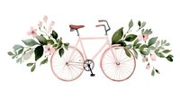 Pink bicycle adorned with delicate floral arrangement featuring green leaves and soft pink blossoms, creating a romantic spring-inspired composition.