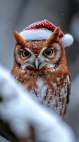 Brown owl wearing red Santa hat in snowy winter scene, close-up portrait showing detailed feathers and intense yellow eyes against blurred background.