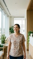 Woman in casual floral print shirt standing in bright modern office corridor with large windows, potted plants, and wooden accents, suitable for corporate, workplace, and lifestyle content.