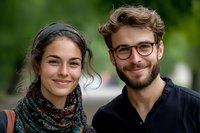 Happy young couple smiling outdoors in natural park setting. Caucasian man with glasses and beard, woman with headband enjoying romantic date together.