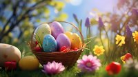 Colorful Easter eggs in a wicker basket surrounded by spring flowers on green grass in a sunny garden setting.