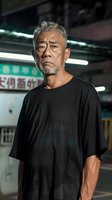 Middle-aged Asian male with gray hair and facial hair wearing black t-shirt in urban night setting with neon signs and fluorescent lighting, suitable for character portraits and lifestyle photography.