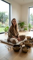 Young woman with long brown hair, Caucasian ethnicity, sitting cross-legged on meditation cushion in bright modern living room with large windows, surrounded by singing bowls for sound healing and wellness practice.