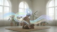 Young woman meditating in lotus position surrounded by flowing energy waves and plants in bright sunlit room with large arched windows.