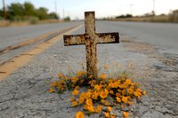 Rustic metal cross memorial on roadside with vibrant orange wildflowers blooming at base, empty rural highway stretches into distance against blurred landscape.