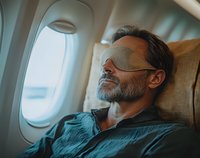 Mature businessman with gray beard wearing sleep mask resting during long-haul flight in airplane seat next to window. Comfortable travel concept.