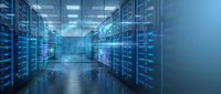 Modern data center server room with blue lighting and digital network connections for cloud computing and technology infrastructure solutions.