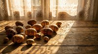 Fresh walnuts scattered on rustic wooden table with warm sunlight streaming through lace curtains creating beautiful shadows and cozy autumn atmosphere.
