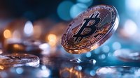 Floating golden cryptocurrency coin with bitcoin symbol on blurred bokeh background with water drops, dramatic lighting creates futuristic atmosphere.