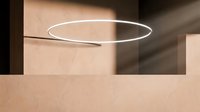 Modern minimalist pendant light with sleek circular design suspended in contemporary interior space with warm neutral tones and geometric shadows.