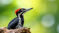 Pileated woodpecker close-up portrait showing distinctive red crest and black and white feather pattern against soft green bokeh background in natural habitat.