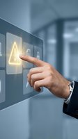 Male hand in business suit touching glowing warning alert icon on digital touchscreen interface in modern office environment for technology, security, and risk management concepts.