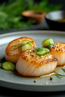 Pan-seared scallops garnished with fresh dill and cucumber slices on gray ceramic plate, seasoned with black pepper and sesame seeds in close-up view.