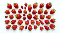 Fresh ripe strawberries arranged in rows on white background, isolated organic red berries with green leaves for healthy food design projects.