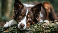 Border collie dog resting head on mossy log with soulful amber eyes looking directly at camera in natural outdoor forest setting for pet photography.