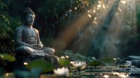 Peaceful Buddha statue in meditation pose beside lotus flower in serene garden with golden sunlight rays filtering through lush greenery for zen mindfulness.