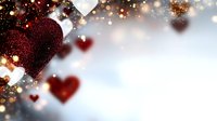 Romantic red glitter hearts floating with golden bokeh lights and sparkles on soft blurred background, creating magical Valentine's Day atmosphere.