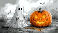 Spooky Halloween scene with glowing jack o lantern pumpkin and cute ghost character on gray background with flying bats. Artistic holiday illustration.