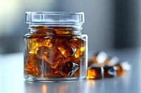 Glass jar filled with amber-colored sugar candy crystals on reflective surface, soft bokeh background creates elegant mood for food photography and packaging design.