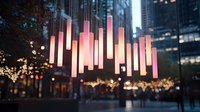 Glowing pink vertical light tubes hanging against urban cityscape at dusk create magical atmosphere with bokeh lights and reflections in modern downtown setting.